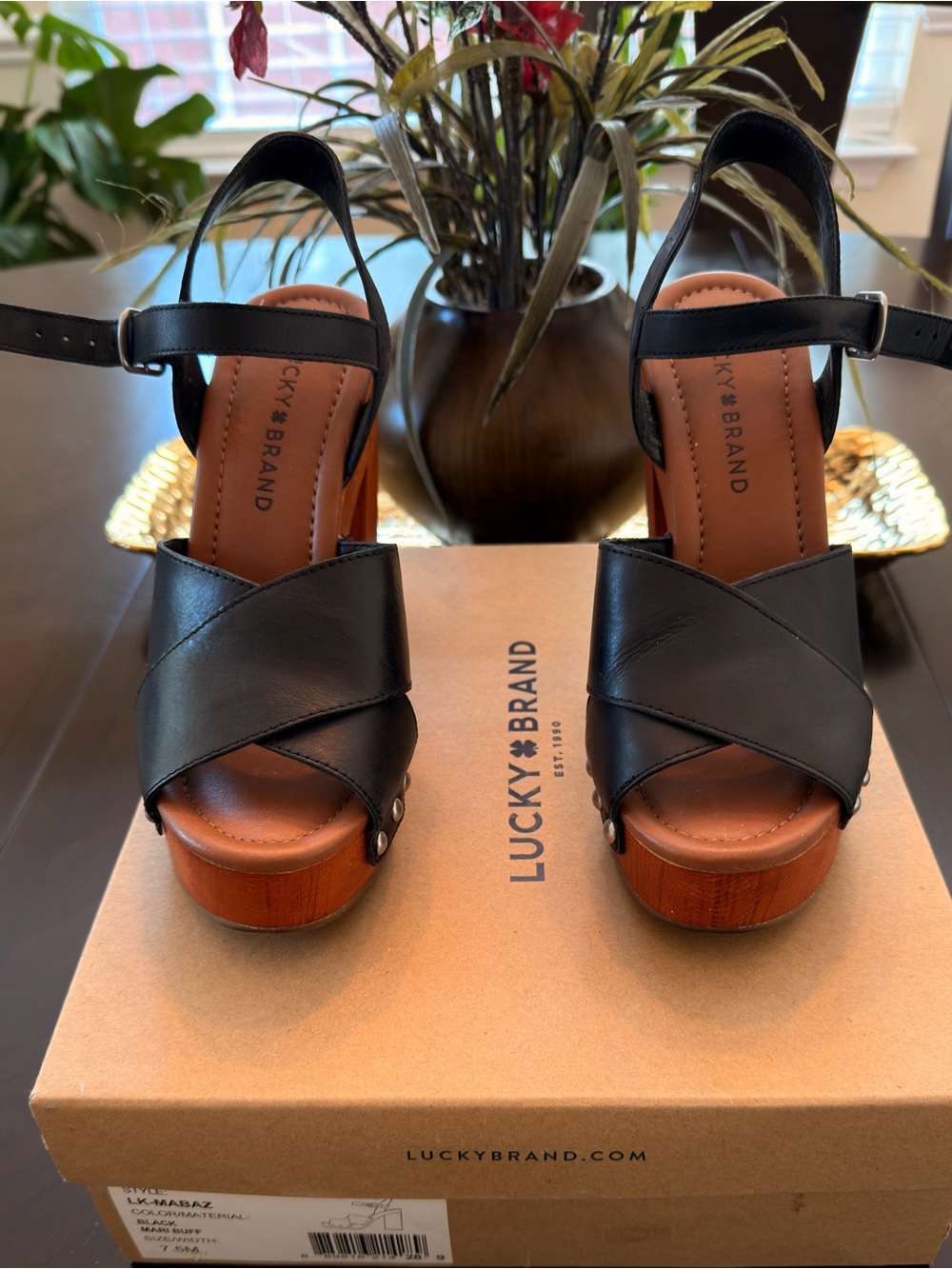 Lucky Brand Black Leather Crisscross Platform Sandals with Wooden Heel